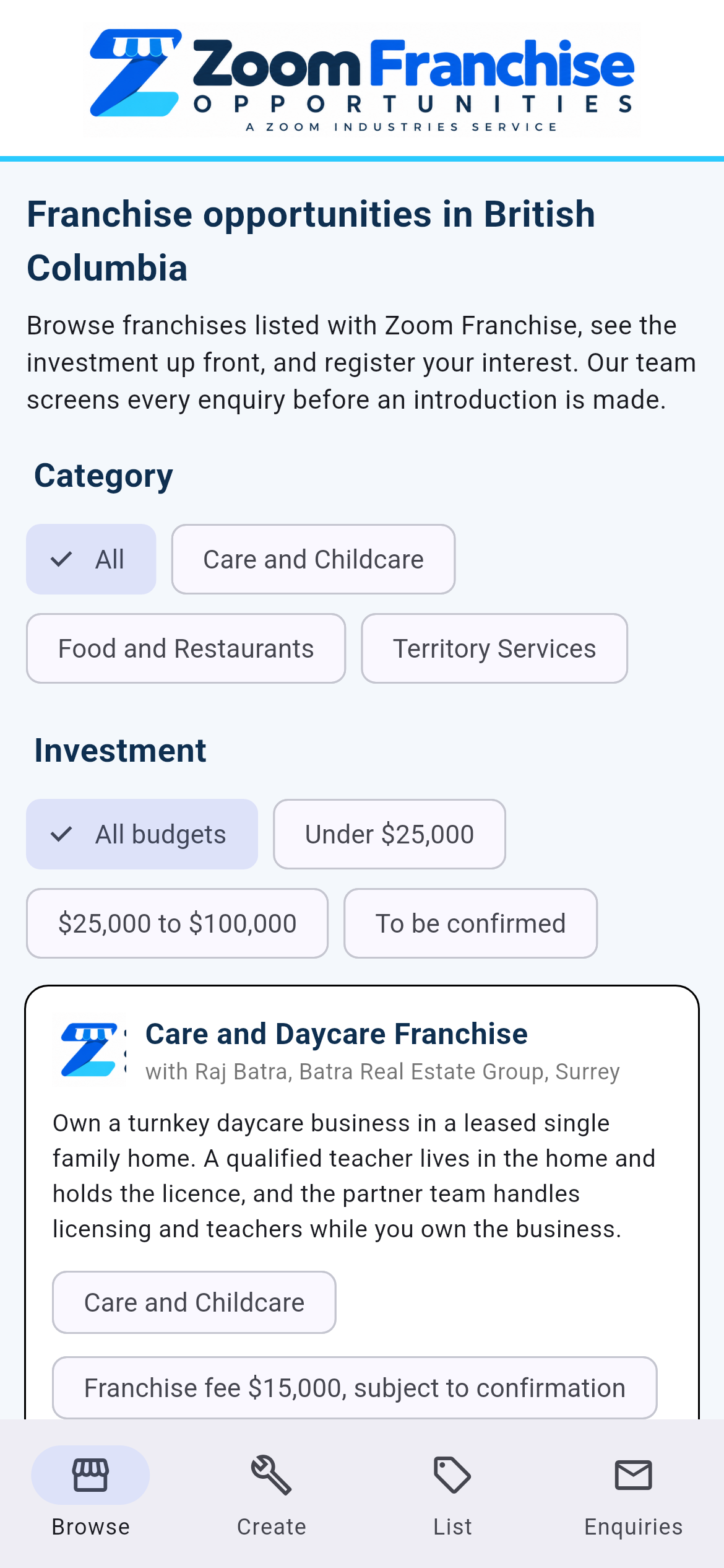 Zoom Franchise app home screen showing the Care and Daycare Franchise listing